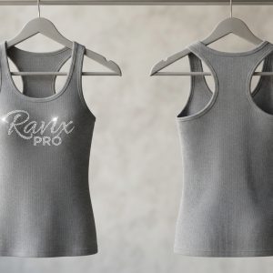 Custom Grey Ribbed Racerback Tank with Script – front and back view, custom manufactured by Ravix Pro Industry, Sialkot