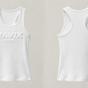 Custom White Racerback Tank with Embossed Lettering – front and back view, custom manufactured by Ravix Pro Industry, Sialkot