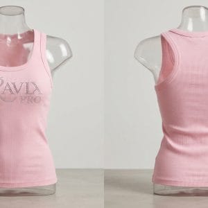 Custom Pink Ribbed Tank Top with Rhinestone Logo – front and back view, custom manufactured by Ravix Pro Industry, Sialkot
