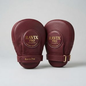Custom Burgundy Leather Focus Mitts with Gold Logo – front and back view, custom manufactured by Ravix Pro Industry, Sialkot
