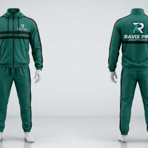 Custom Green Team Tracksuit with Chest Stripe – front and back view, custom manufactured by Ravix Pro Industry, Sialkot