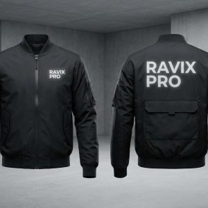 Custom Black Bomber with Back Utility Pocket – front and back view, custom manufactured by Ravix Pro Industry, Sialkot