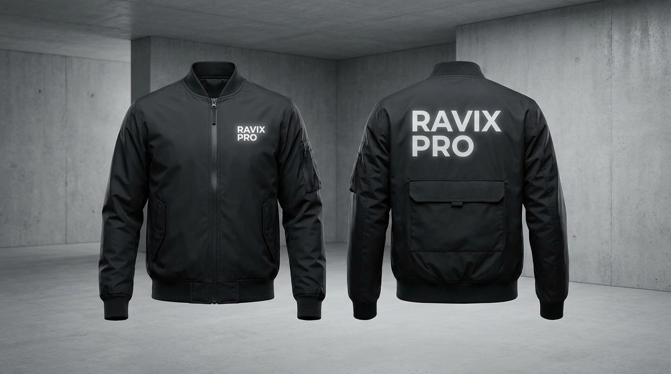 Custom Black Bomber with Back Utility Pocket Custom Black Bomber with Back Utility Pocket – front and back view, custom manufactured by Ravix Pro Industry, Sialkot