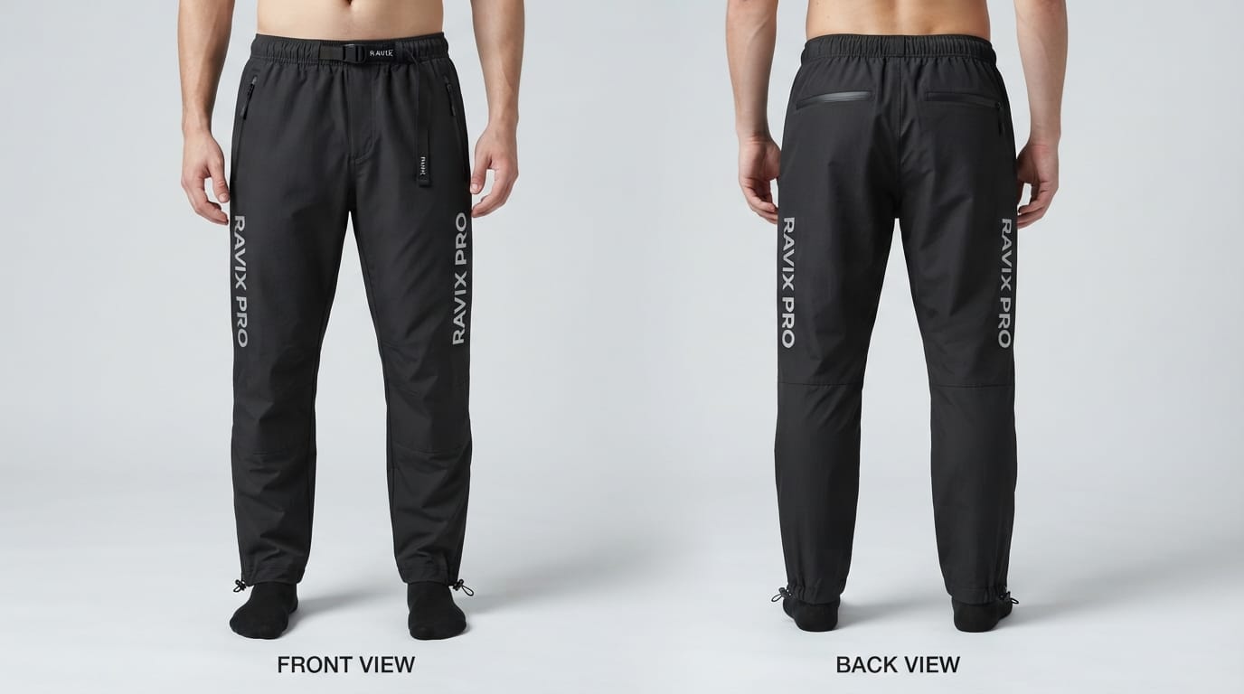 Custom Black Techwear Pants with Vertical Leg Print Custom Black Techwear Pants with Vertical Leg Print – front and back view, custom manufactured by Ravix Pro Industry, Sialkot