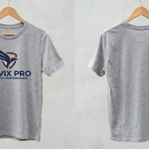 Custom Grey Tee with Navy Eagle Logo – front and back view, custom manufactured by Ravix Pro Industry, Sialkot