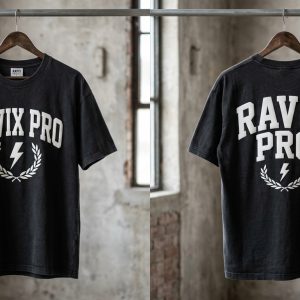 Custom Black Tee with Laurel Lightning Logo – front and back view, custom manufactured by Ravix Pro Industry, Sialkot