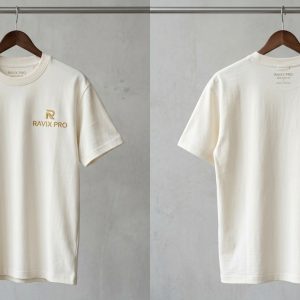 Custom Cream Tee with Small Gold Chest Logo – front and back view, custom manufactured by Ravix Pro Industry, Sialkot