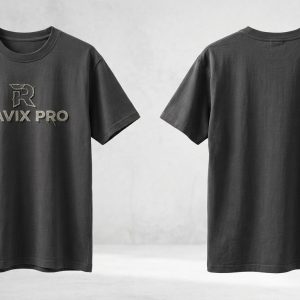 Custom Charcoal Tee with Distressed Monogram – front and back view, custom manufactured by Ravix Pro Industry, Sialkot