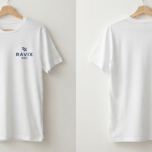 Custom White Tee with Small Navy Chest Logo – front and back view, custom manufactured by Ravix Pro Industry, Sialkot