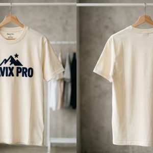 Custom Cream Tee with Navy Mountain Logo – front and back view, custom manufactured by Ravix Pro Industry, Sialkot