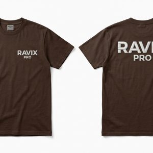 Custom Brown Tee with Front and Back Print – front and back view, custom manufactured by Ravix Pro Industry, Sialkot