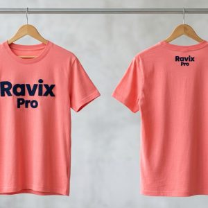 Custom Coral T-Shirt with Navy Logo – front and back view, custom manufactured by Ravix Pro Industry, Sialkot