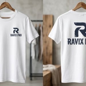 Custom White T-Shirt with Front and Back Logo – front and back view, custom manufactured by Ravix Pro Industry, Sialkot