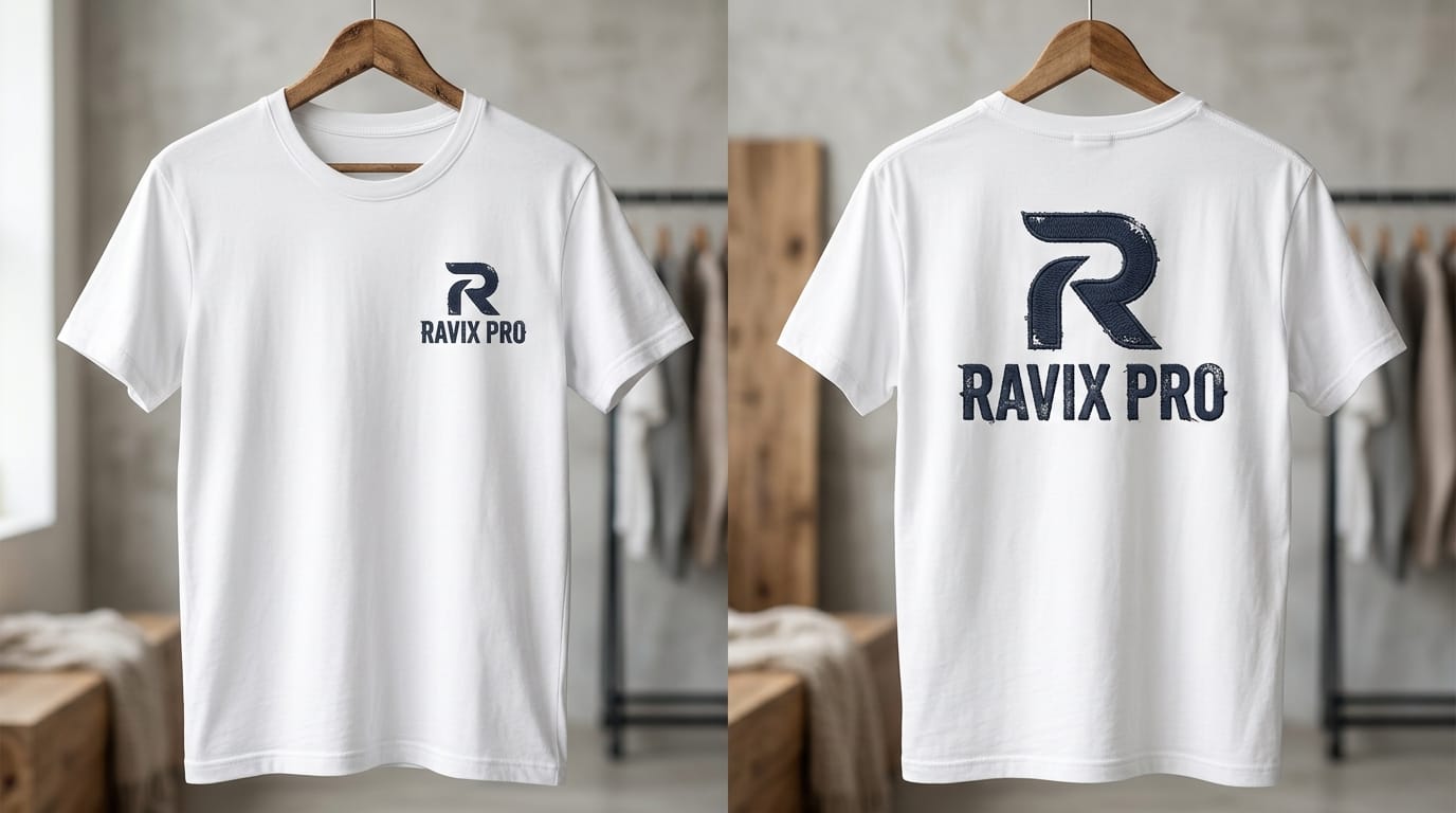 Custom White T-Shirt with Front and Back Logo Custom White T-Shirt with Front and Back Logo – front and back view, custom manufactured by Ravix Pro Industry, Sialkot