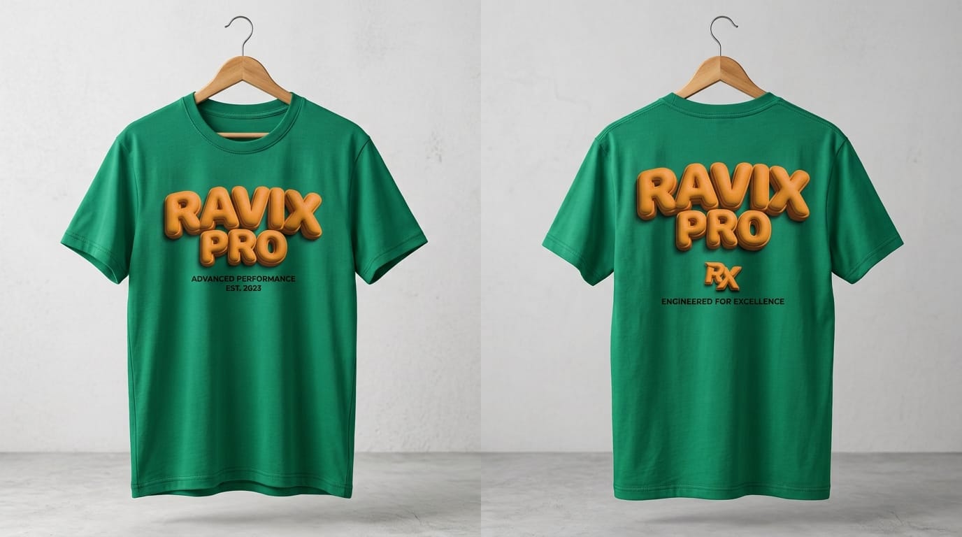 Custom Green 3D Puff Print T-Shirt Custom Green 3D Puff Print T-Shirt – front and back view, custom manufactured by Ravix Pro Industry, Sialkot