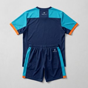 Custom Navy and Sky Blue Tennis Set – front and back view, custom manufactured by Ravix Pro Industry, Sialkot