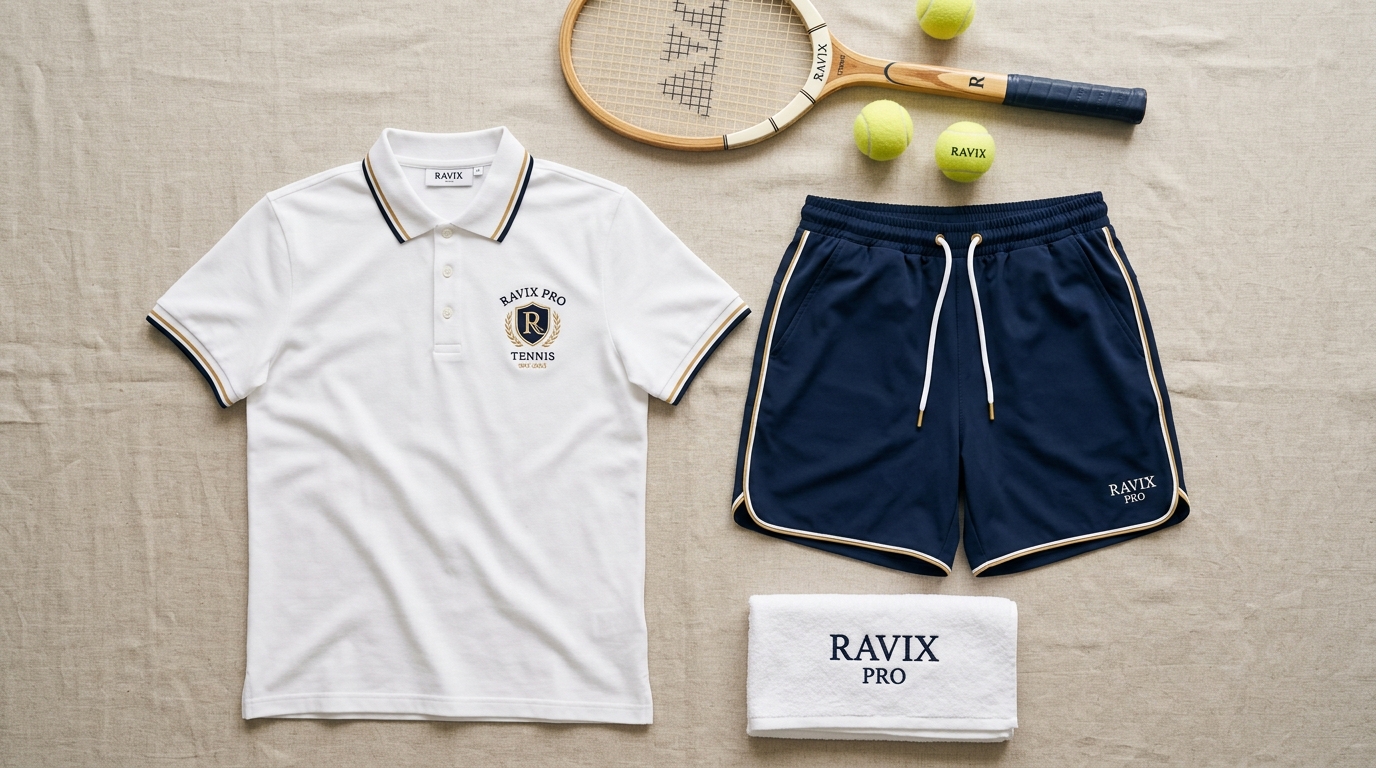 Custom White Tennis Polo with Navy Shorts Custom White Tennis Polo with Navy Shorts – front and back view, custom manufactured by Ravix Pro Industry, Sialkot