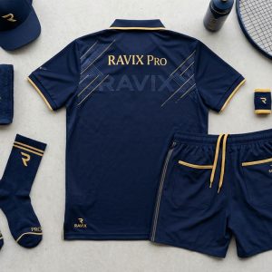 Custom Navy and Gold Tennis Kit with Cap and Socks – front and back view, custom manufactured by Ravix Pro Industry, Sialkot