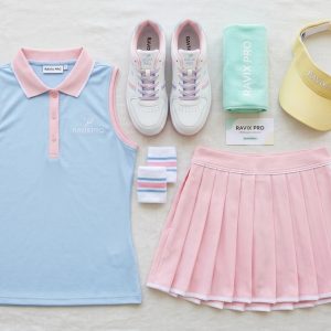 Custom Sky Blue and Pink Women's Tennis Set – front and back view, custom manufactured by Ravix Pro Industry, Sialkot