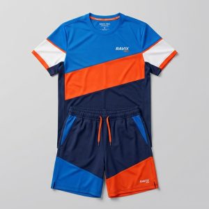 Custom Blue and Orange Colour Block Tennis Kit – front and back view, custom manufactured by Ravix Pro Industry, Sialkot