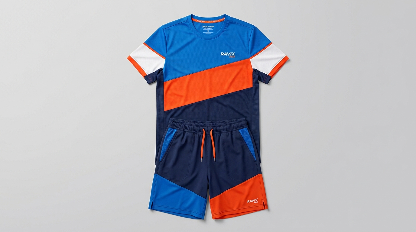 Custom Blue and Orange Colour Block Tennis Kit Custom Blue and Orange Colour Block Tennis Kit – front and back view, custom manufactured by Ravix Pro Industry, Sialkot