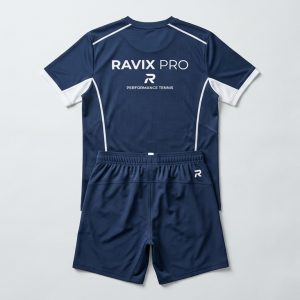 Custom Navy Tennis Shirt with White Raglan Trim – front and back view, custom manufactured by Ravix Pro Industry, Sialkot