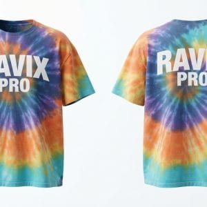 Custom Rainbow Tie-Dye T-Shirt with Bold Logo Print – front and back view, custom manufactured by Ravix Pro Industry, Sialkot