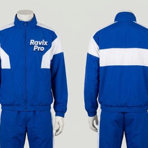 Custom Royal Blue and White Chest Band Tracksuit – front and back view, custom manufactured by Ravix Pro Industry, Sialkot