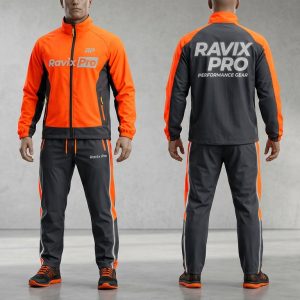Custom Orange and Charcoal Training Tracksuit – front and back view, custom manufactured by Ravix Pro Industry, Sialkot