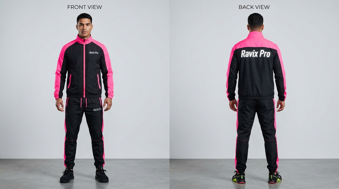 Custom Black and Hot Pink Stripe Tracksuit Custom Black and Hot Pink Stripe Tracksuit – front and back view, custom manufactured by Ravix Pro Industry, Sialkot