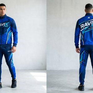 Custom Royal Blue Sublimated Tracksuit – front and back view, custom manufactured by Ravix Pro Industry, Sialkot
