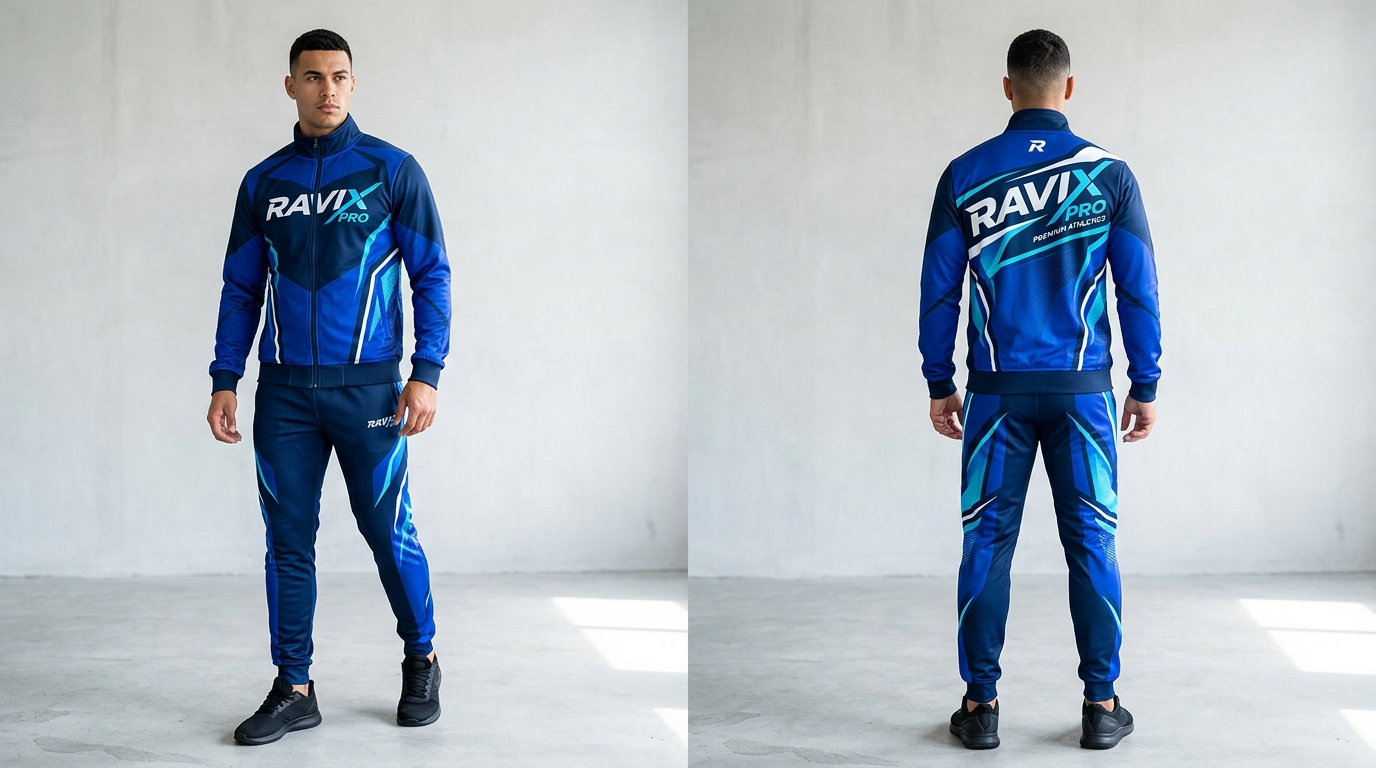 Custom Royal Blue Sublimated Tracksuit Custom Royal Blue Sublimated Tracksuit – front and back view, custom manufactured by Ravix Pro Industry, Sialkot