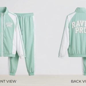 Custom Mint and White Tracksuit with Tonal Print – front and back view, custom manufactured by Ravix Pro Industry, Sialkot