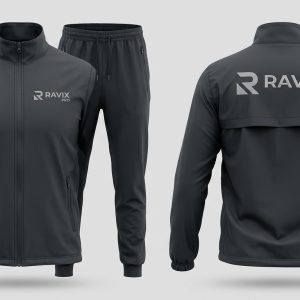 Custom Charcoal Tracksuit with Back Vent Logo – front and back view, custom manufactured by Ravix Pro Industry, Sialkot