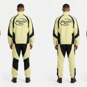 Custom Pale Yellow and Black Racing Style Tracksuit – front and back view, custom manufactured by Ravix Pro Industry, Sialkot