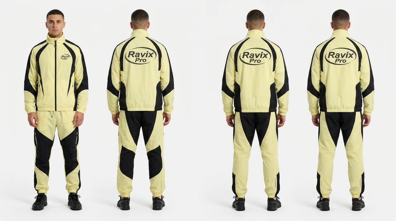 Custom Pale Yellow and Black Racing Style Tracksuit Custom Pale Yellow and Black Racing Style Tracksuit – front and back view, custom manufactured by Ravix Pro Industry, Sialkot
