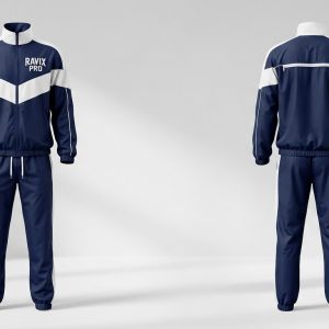 Custom Navy Tracksuit with White Chevron Panels – front and back view, custom manufactured by Ravix Pro Industry, Sialkot