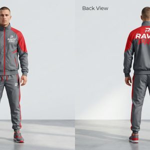 Custom Grey and Red Shoulder Tracksuit – front and back view, custom manufactured by Ravix Pro Industry, Sialkot