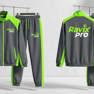 Custom Grey and Neon Green Tracksuit – front and back view, custom manufactured by Ravix Pro Industry, Sialkot