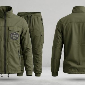 Custom Olive Field Jacket and Cargo Pants Set – front and back view, custom manufactured by Ravix Pro Industry, Sialkot