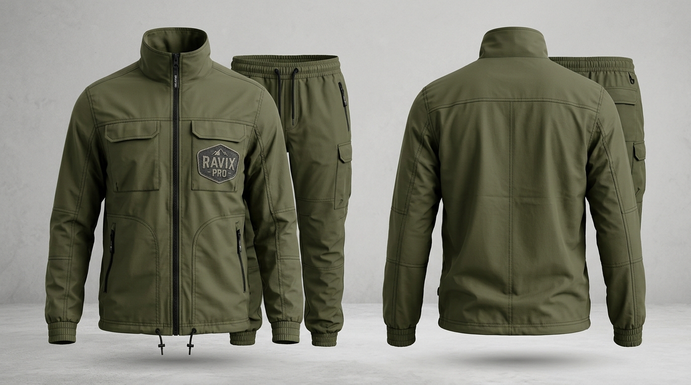 Custom Olive Field Jacket and Cargo Pants Set Custom Olive Field Jacket and Cargo Pants Set – front and back view, custom manufactured by Ravix Pro Industry, Sialkot