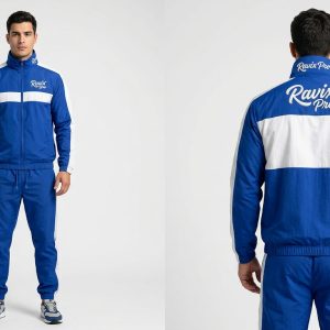 Custom Royal Blue and White Retro Tracksuit – front and back view, custom manufactured by Ravix Pro Industry, Sialkot