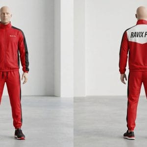 Custom Red Tracksuit with White Shoulder Panel – front and back view, custom manufactured by Ravix Pro Industry, Sialkot