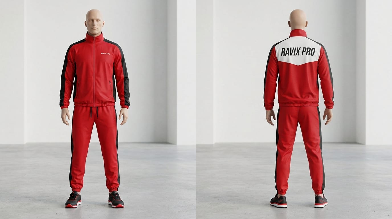 Custom Red Tracksuit with White Shoulder Panel Custom Red Tracksuit with White Shoulder Panel – front and back view, custom manufactured by Ravix Pro Industry, Sialkot