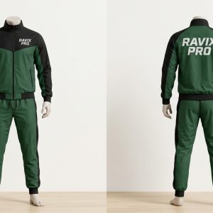 Custom Green and Black Windbreaker Tracksuit – front and back view, custom manufactured by Ravix Pro Industry, Sialkot