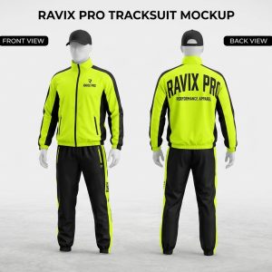 Custom Neon Yellow and Black Tracksuit – front and back view, custom manufactured by Ravix Pro Industry, Sialkot