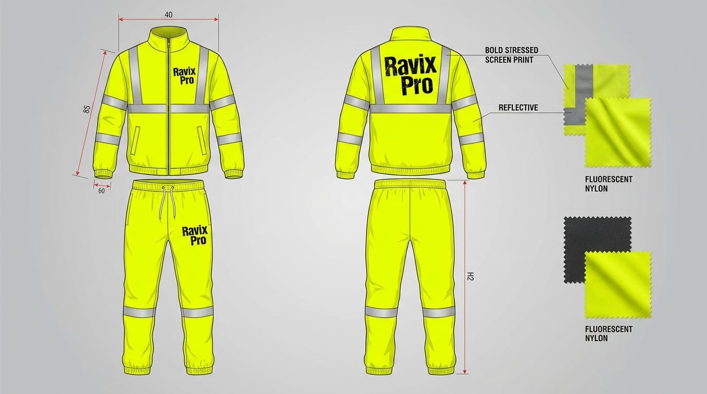 Custom Hi-Vis Yellow Reflective Safety Tracksuit Custom Hi-Vis Yellow Reflective Safety Tracksuit – front and back view, custom manufactured by Ravix Pro Industry, Sialkot