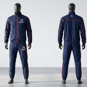 Custom Navy Tracksuit with Red Piping – front and back view, custom manufactured by Ravix Pro Industry, Sialkot