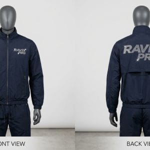 Custom Navy Windbreaker Tracksuit with Back Logo – front and back view, custom manufactured by Ravix Pro Industry, Sialkot