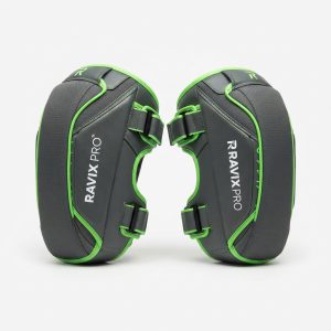 Custom Grey and Lime Curved Thai Pads – front and back view, custom manufactured by Ravix Pro Industry, Sialkot